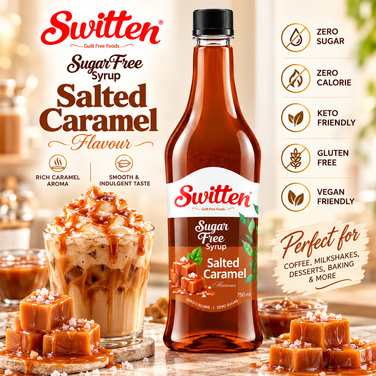 Switten Sugar Free Salted Caramel Syrup (750ml) I Diabetic Friendly | Concentrated Syrup | No Added Sugar | Cocktail, Mocktail, Sharbat I Keto friendly I Zero Calorie Sharbat