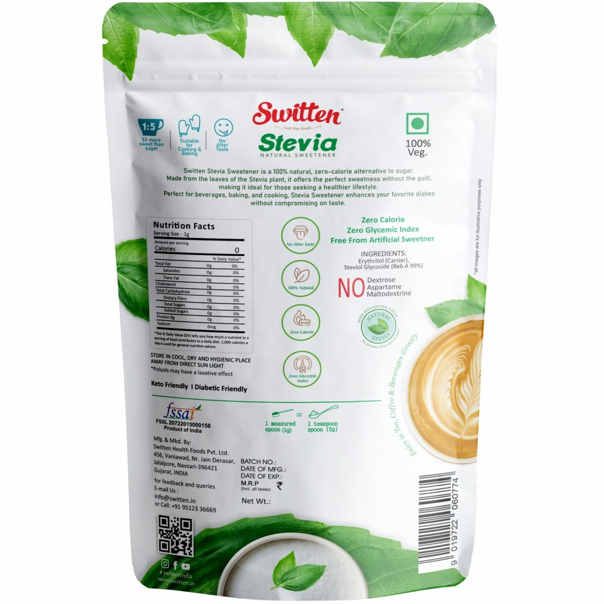 Switten Sugar free Stevia 5x Natural Sweetner (100g)IUse in Tea, Coffee, Cookies